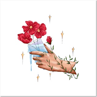 Aesthetic hand and red flowers Posters and Art